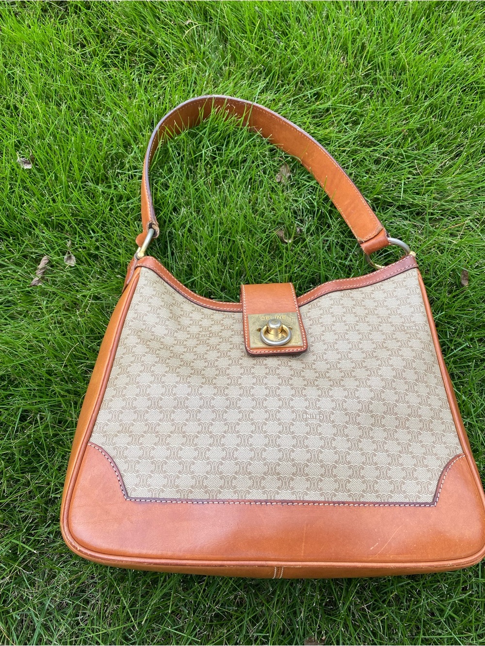 Celine Brown Leather & Beige Canvas Shoulder Bag - Picture 2 of 9